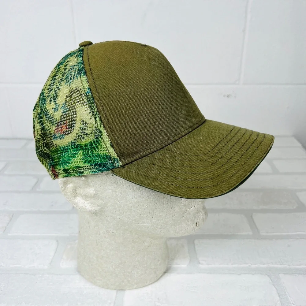 Prana Women Olive Green Tropical Mesh Trucker Hat Snapback Organic Cotton Blend